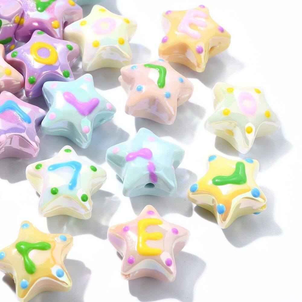 1964 20 Pcs 5 Colors Star with Letter Enamel Acrylic Beads Lovely Celestial